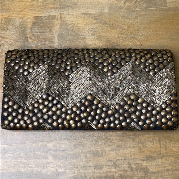 Ecoté Bronze Metal and Black Chevron Embellished Chain Clutch - Picture 5 of 10